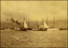 A familiar scene for many decades, Inter Island steamers at Honolulu Harbor, SS Mikahala (left) and SS Waialeale (right).  Ray Jerome Baker, Bishop Museum 