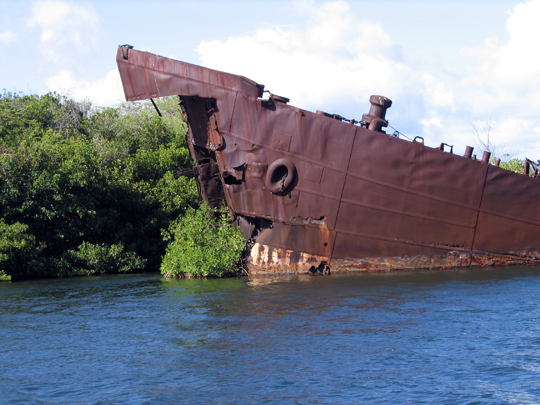 Bow doors missing from the forward end of LST-480, one of the ships sunk during the May 21st explosions at West Loch, Pearl Harbor.