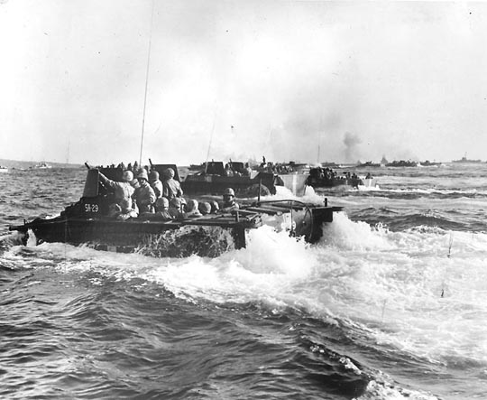 11 LVTs headed towards the beach off Iwo Jima, 1945.  