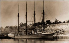 An historic image of the schooner Churchill, tied up alongside the wharf at 
San Pedro, California (Courtesy Steven Priske/Tall Ships of San Francisco)