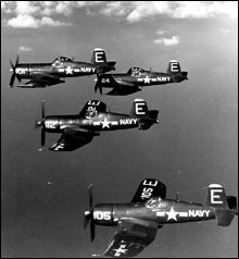 Squadron of F4U Corsairs from the USS Tarawa 
(Photo courtesy of the US Naval Historical Center)

