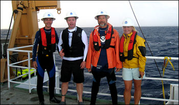 The 2007 NOAA maritime heritage team including (from left to right): Sean Corson, Tane Casserley, Hans Van Tilburg and Kelly Gleason (credit: NOAA/NMSP)