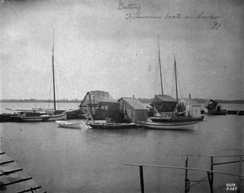 Battery fishermens boats in harbor, 1891.