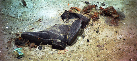 Shoes on the seabed at the Titanic site, 2004.