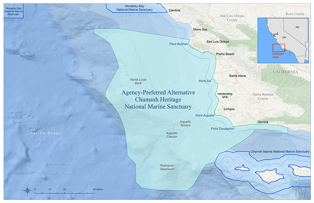 map of the California coast depicting the boundary for the proposed chumash heritage national marine sanctuary along with boundaries of Monterey bay and channel islands national marine sanctuaries