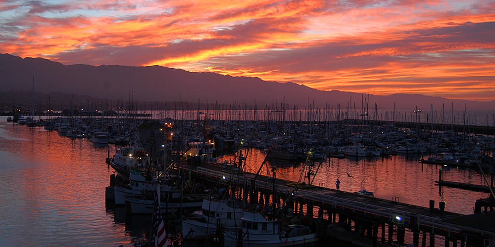 pier full of docked boats at sunset