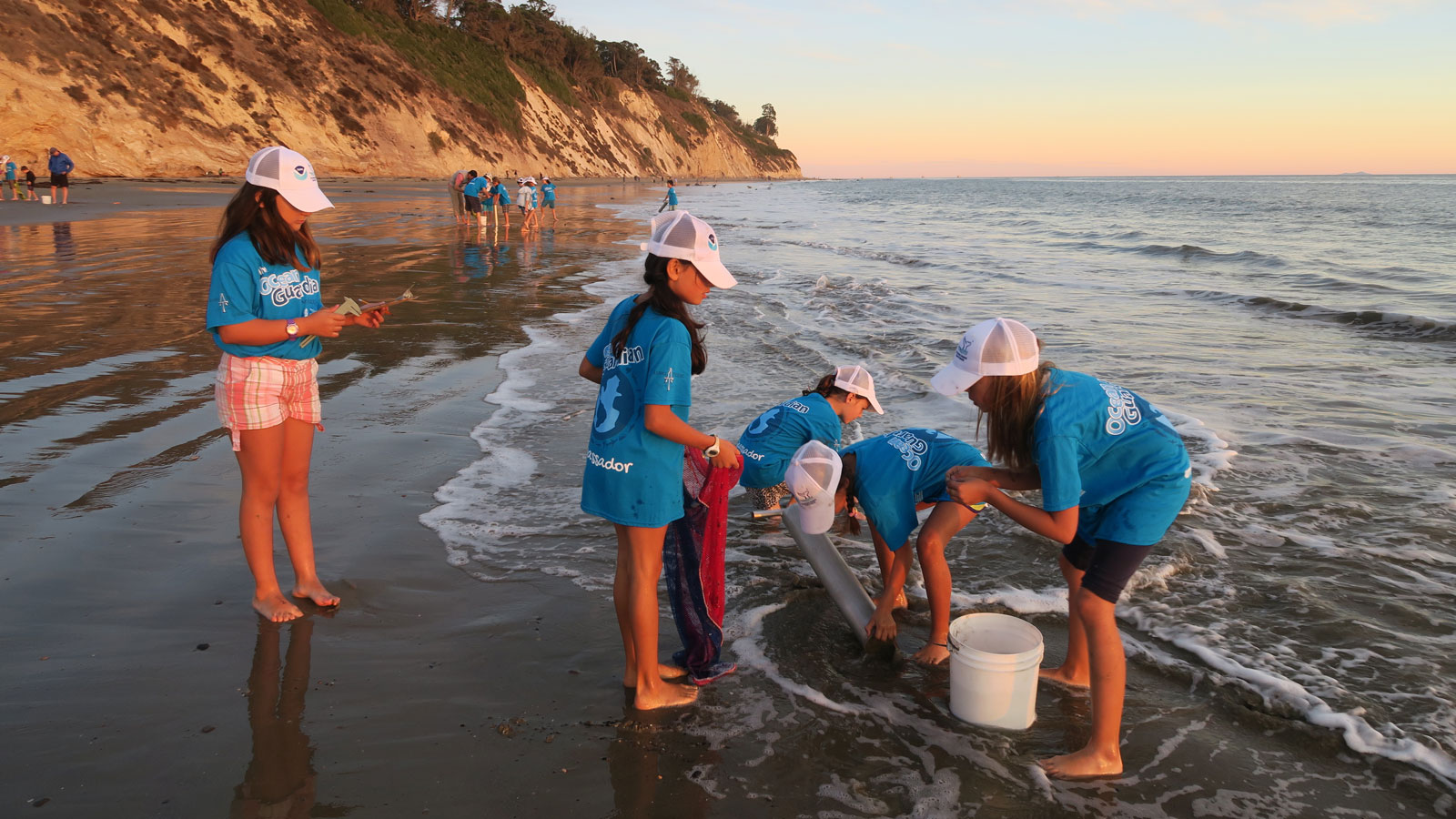 Ocean Guardian students on the beach cleaning up marine debris
