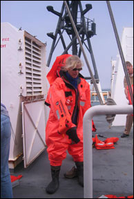 GFNMS Research Coordinator, Jan Roletto in a flotation suit