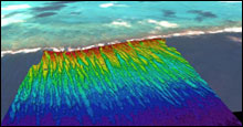 A recently completed bathymetry map superimposed with satellite imagery of Kure atoll. Red indicates lowest depth, and blue deepest. Satellite image has white around edge indicating the exposed reef ring.