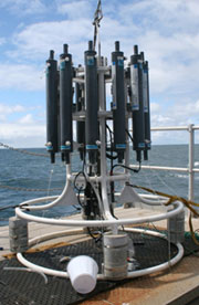 CTD and Niskin bottle rosette used for oceanographic sampling
