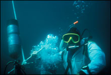 Bob Schmieder on a safety stop on one of the early Cordell Expedition dives. Credit: Cordell Expeditions