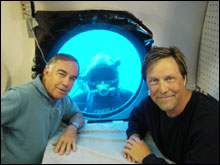Jeff Burnside from NBC 4 Miami poses with Aquanaut Chris 
Martens before they go LIVE! from Aquarius for an NBC news story to 
Miami as well as nationally to MSNBC.