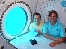 Dr.Sylvia Earle poses with Aquanaut Kate Thompson before 
Sylvia and Boyd Matteson film for National Geographic Wild Chronicles.