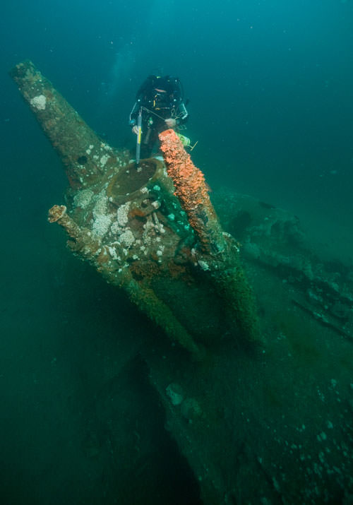 diver examines a wreck