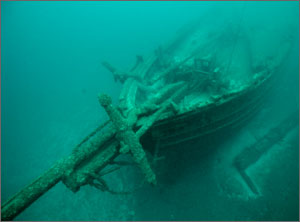 A close up view of the bow of the schooner<em> FT Barney</em> laying intact on the bottom of Lake Huron. Photo: NOAA