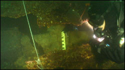 Volunteer science diver Steve White measures the propeller shaft of the S.S. Andalusia.

