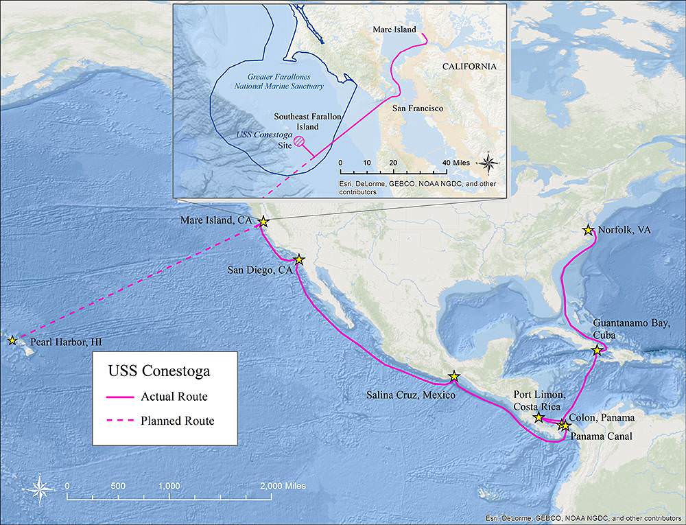 map showing the route conestoga was taking from norfolk, va to pearl harbor, hi