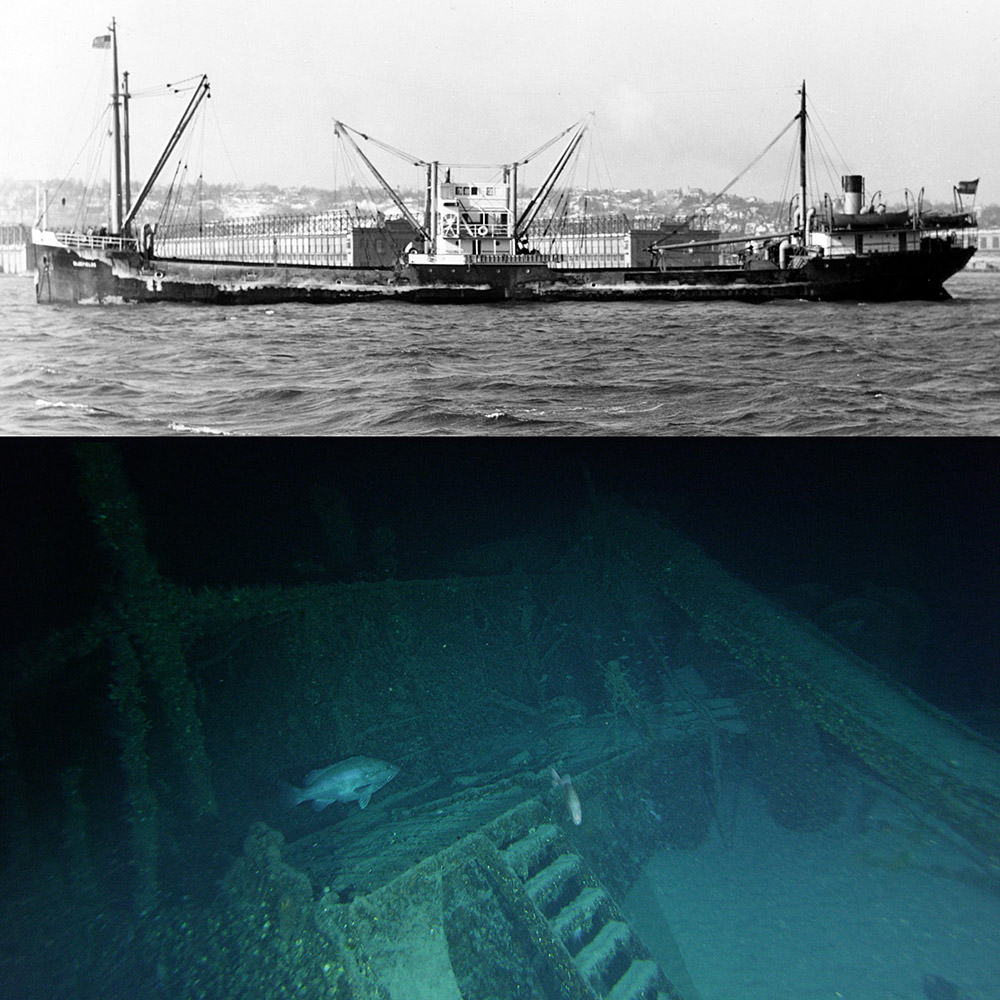 photo of bluefields near the time of the attack and a image of the wreck of the bluefields