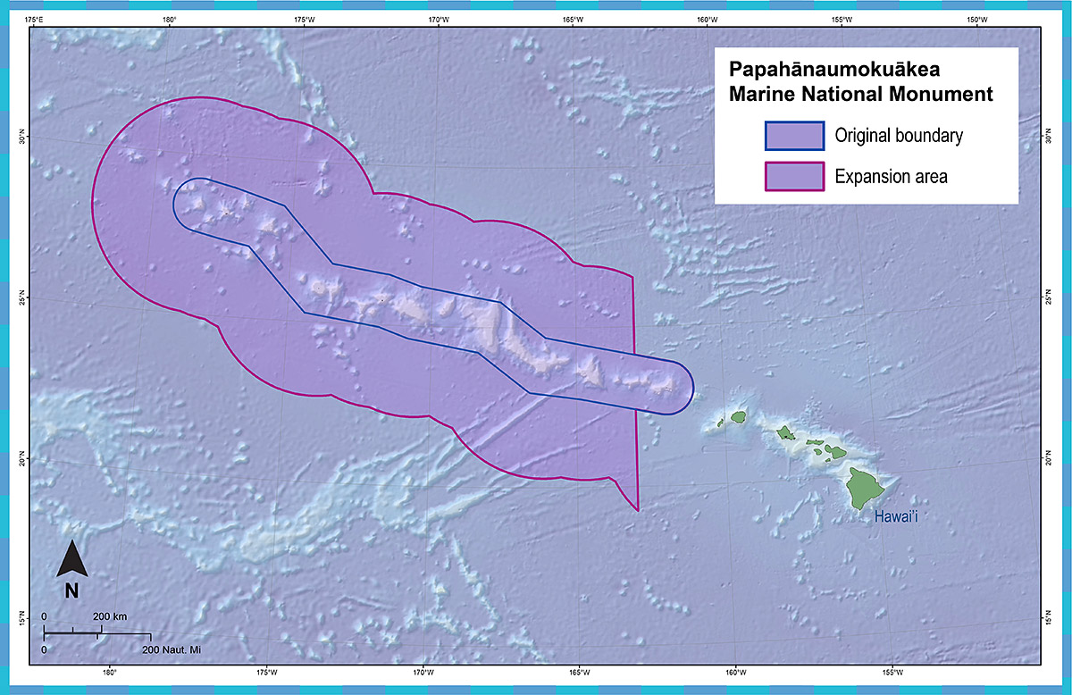 Map showing the expanded area of Papahānaumokuākea Marine National Monument and the previouw boundary