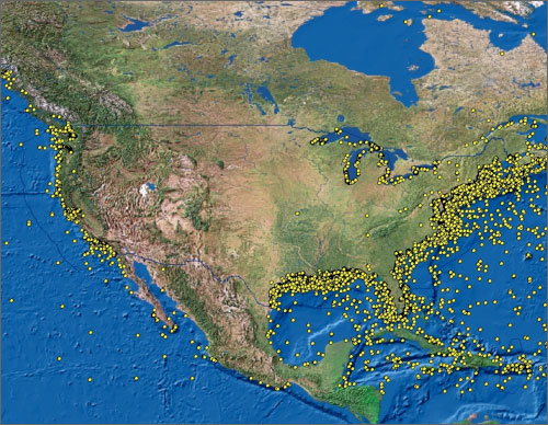 US map with dots indicating all the wrecks