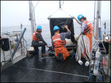 Gulf of the Farallones and Cordell Bank sanctuaries staff collect data during an ACCESS research cruise.