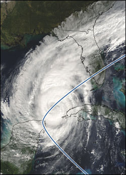 Figure 19. Hurricane Wilma was the 13th hurricane in 2005. It reached 882 mbar pressure in a span of 24 hours, making it the fastest pressure drop of any storm in the Atlantic Basin. At its peak intensity, the eye of Wilma was about 3miles( 5 kilometers) in diameter, the smallest known eye of an Atlantic hurricane. (Source: NOAA)