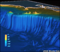Computer imagery shows the topography of the seafloor of Gulf of the Farallones National Marine Sanctuary and the steep drop-off of the continental slope west of the Farallon Islands. (Image: USGS Woods Hole)