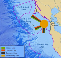 Figure 18. Three major West Coast shipping lanes (seen in light green and dark orange) converge in the Gulf of the Farallones sanctuary within the Precautionary Area (light orange). (Map: T. Reed, GFNMS)