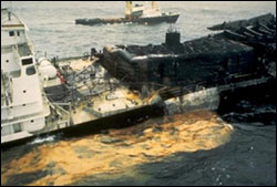 Figure 20. In 1984 the Tanker Vessel Puerto Rican exploded and released 5.4 million gallons of oil into the Gulf of the Farallones sanctuary. (Photo: GFNMS)