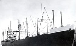 Figure 21. In 1953, the S/S Jacob Luckenbach (pictured here moored in San Francisco) collided with another vessel and sank in the Gulf of the Farallones. An estimated 300,000 gallons of bunker fuel oil were released from the sunken vessel over more than 48 years and killed at least eight sea otters and over 51,000 birds (Luckenbach Trustee Council 2006). (Photo: NOAA San Francisco Maritime National Historic Park Negative No. P82-019A0739)