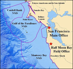 Figure 4. The Gulf of the Farallones is one of three contiguous national marine sanctuaries located along California's northern and central coast. The Gulf of the Farallones sanctuary is responsible for administration and management of the northern area of the Monterey Bay sanctuary extending from the San Mateo/Santa Cruz county line northward to the existing boundary between the two sanctuaries. (Map: T. Reed, GFNMS)