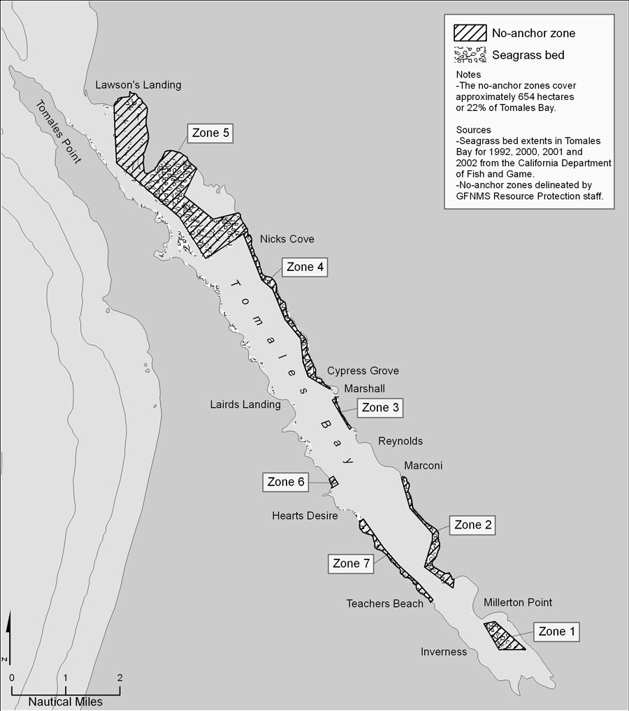 Figure 50. New sanctuary regulations instituted in 2009 prohibit anchoring or mooring within seven seagrass zones within Tomales Bay. The sanctuary is currently working with local agencies and stakeholders to develop defined areas for long-term vessel moorings, outside of the seagrass protection zones. (Map: T. Reed, GFNMS)