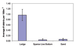 Figure 19. . Average number of debris items at surveyed locations in the sanctuary (+/-SE_ per 100 m2 transect by bottom type). Source: Kendall et al. 2007