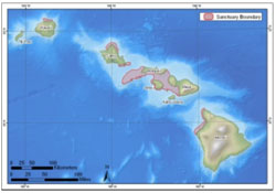 Figure 1. The sanctuary is comprised of five separate marine protected areas abutting six of the major islands of the state of Hawai'i. (Map: NOAA)