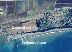 Figure 13. A sediment plume in this aerial photograph off the coast of Kaua'i. The sediment was transported by runoff from fields where soil is exposed. (Photo: Georeferenced NOAA/NOS aerial photography by Pacific Disaster Center in 2000)    