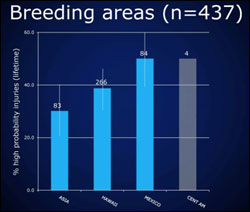 Figure 16. Frequency of entanglement injuries across North Pacific breeding grounds (bars). Sample sizes shown in white. Blue bars with 95% confidence intervals (vertical lines) were areas with sample sizes adequate for regional comparisons. (Source: Robbins 2009)