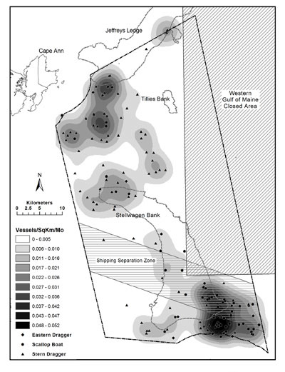 Distribution and relative density of bottom-tending trawler  fishing effort in the sanctuary, 2001-2002.