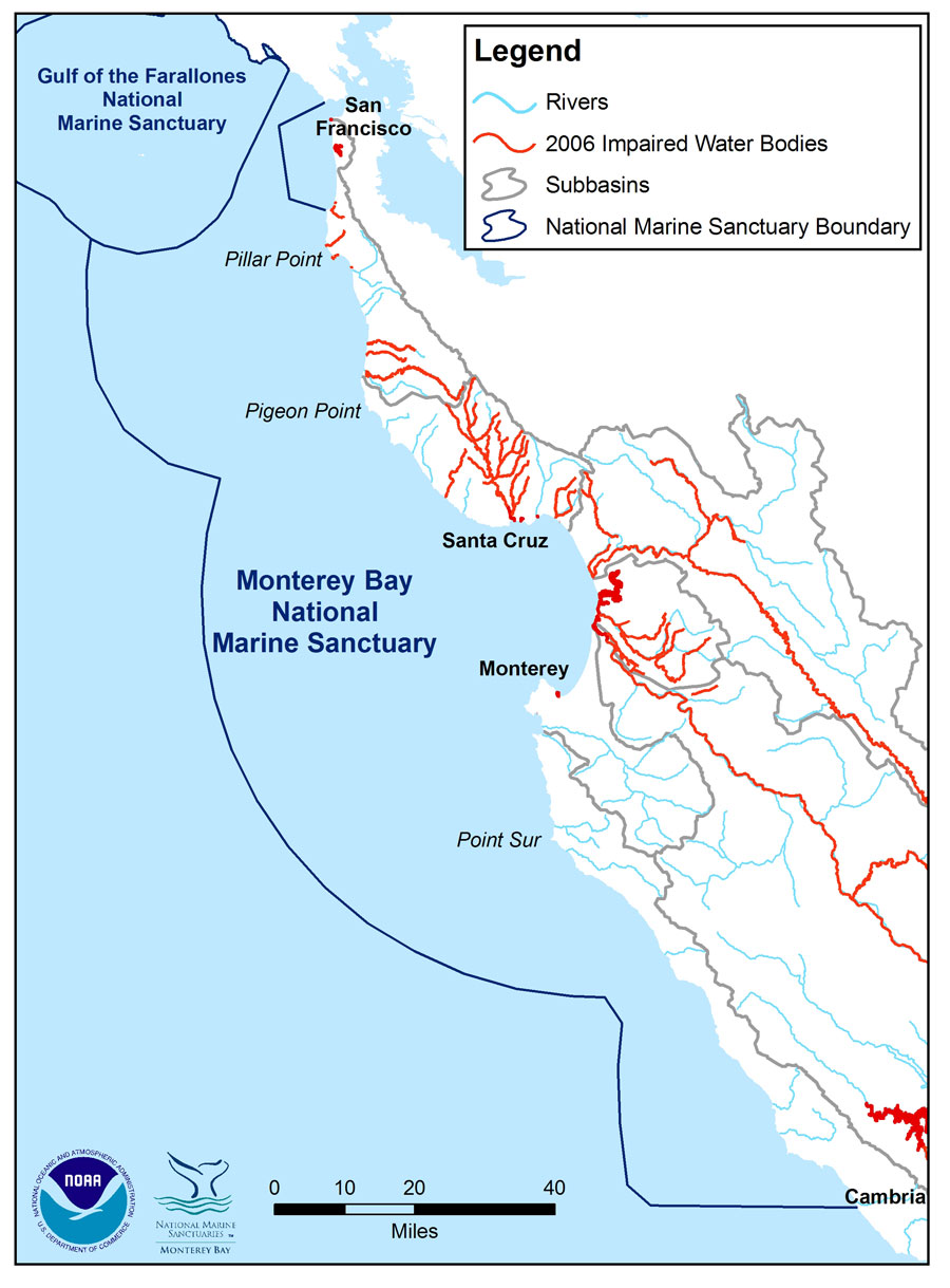 Figure 18. : Location of impaired water bodies in the Monterey Bay sanctuary and in sub-basins that drain to the sanctuary. Impaired water bodies include river segments, coastal shorelines, harbors, bays, and estuaries that do not meet, or are not expected to meet, Federal Clean Water Act water quality standards. Data source: SWRCB 2006. Map: S. De Beukelaer, NOAA/MBNMS