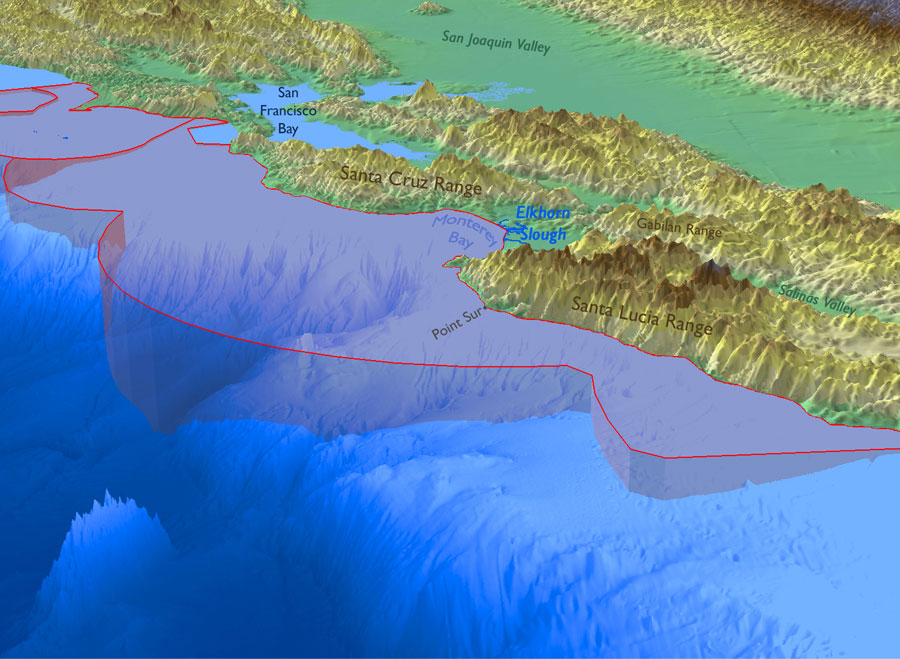 Figure 2. Bathymetry of the Monterey Bay sanctuary highlighting the submarine canyons and deep sea. There is a 1.5-unit vertical exaggeration in this map. Map: S. DeBeukelaer, NOAA/MBNMS