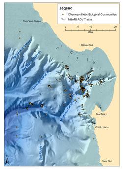 Figure 36. The location where cold seeps (orange circles) have been observed in the Monterey Bay region. Black lines show the locations where the Monterey Bay Aquarium Research Institute (MBARI) conducted remotely operated vehicle (ROV) surveys from April 1989 to June 2002. 