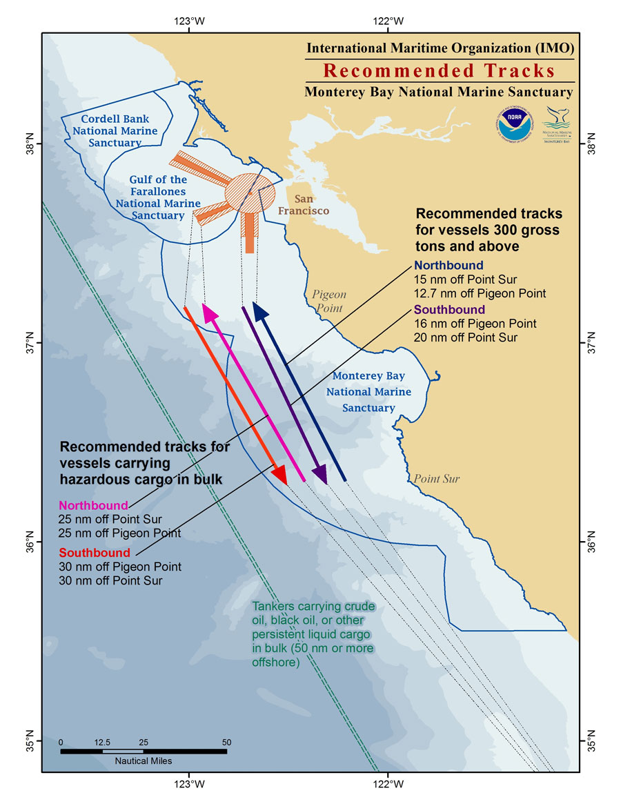 New vessel traffic routes through the Monterey Bay National Marine Sanctuary. The routes for large commercial vessels, hazmat vessels, and tankers were moved to a minimum of 12.7 nm, 25 nm, and 50 nm offshore, respectively. Rhumb lines are defined as the straight course between two points. Map: S. De Beukelaer, NOAA/MBNMS