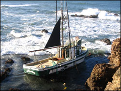The F/V Lou Denny Wayne ran aground on November 29, 2007 one mile sough of Pigeon Point, San Mateo County in the Monterey Bay sanctuary. Photo: A. DeVogelaere, NOAA/MBNMS