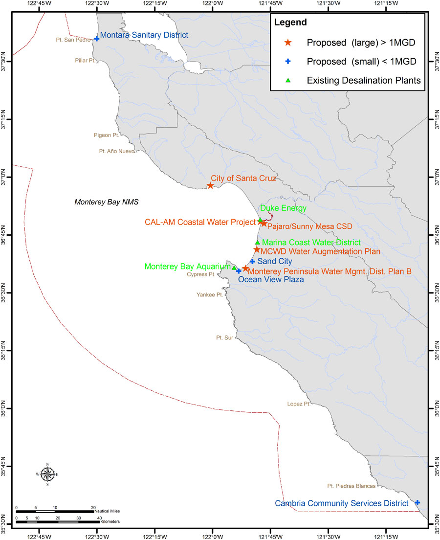 The location of existing and proposed desalination plants in Monterey Bay National Marine Sanctuary.  Map: D. Lott, NOAA/ONMS
