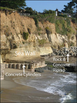 Caption: An unplanned assemblage of coastal armoring structures at Opal Cliffs near the city of Capitola (on the north side of Monterey Bay). 