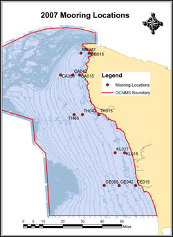 Figure 30. Remote sensors on fixed moorings collect information on physical and biological properties of sanctuary waters at 13 locations that were selected to capture variability in nearshore ocean processes.