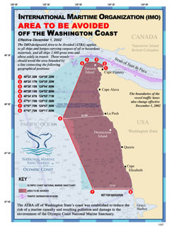 Figure 30. Map of Olympic Coast National Marine Sanctuary (in blue) and the Area To Be Avoided (in red). (Flyer: NOAA Olympic Coast National Marine Sanctuary)