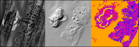 Figure 32. Using texture analysis algorithms, information from side-scan sonar imagery (left plate) and multi-beam bathymetry (middle plate) are combined to create classified habitat images (right plate). (Image: OCNMS)
