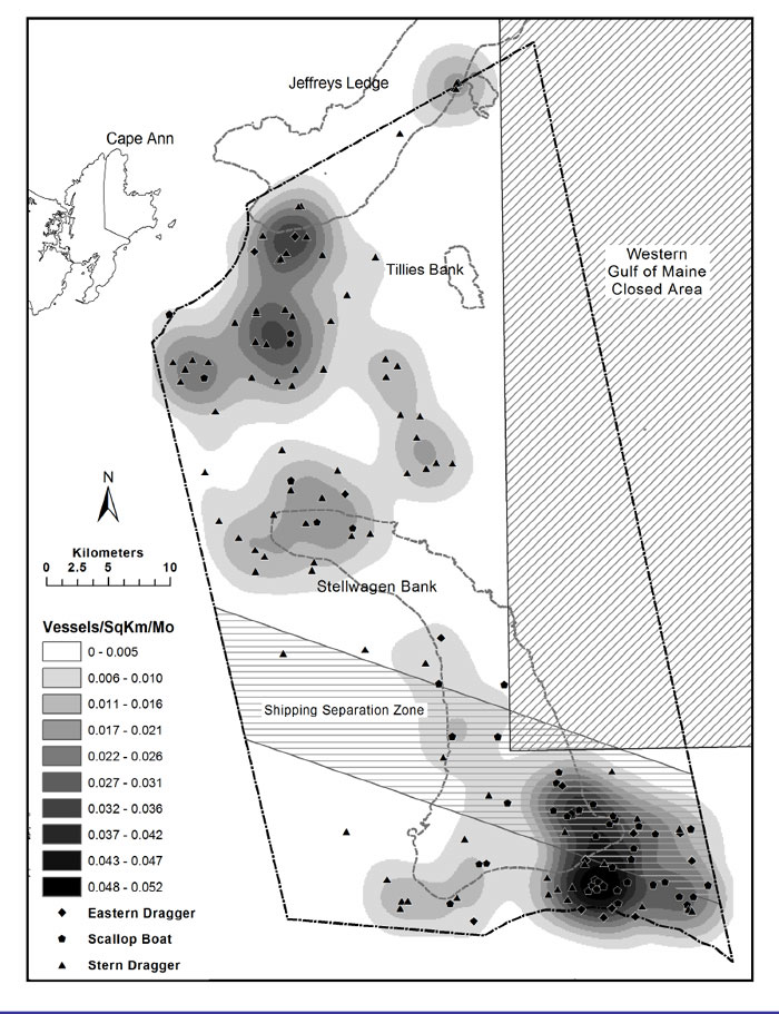 Distribution and relative density of bottom-tending trawler  fishing effort in the sanctuary, 2001-2002.