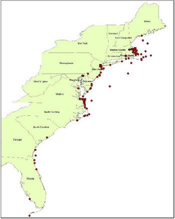The approximate locations of ship strikes to baleen whales along the eastern seaboard of the US from 1979-2002.  Note the high occurrence in and around the sanctuary.