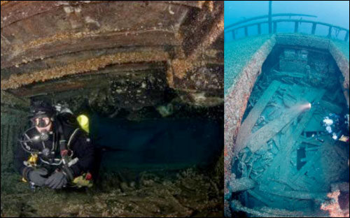 Figures 12 and 13. Resting in 200 feet of water, the wreck and cargo of the steamer Florida is well-preserved. Left: A diver swims between decks, while hovering above are several air-tight barrels still buoyant after 114 years. Right: A view from above into one of the package freighter's cargo holds, with cargo still stacked along the hull (NOAA Thunder Bay NMS).